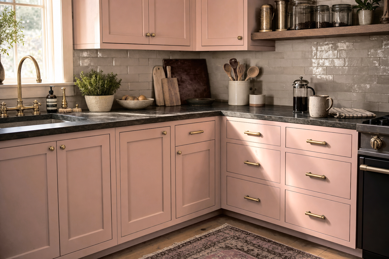 Mauve Blush by Valspar on cabinets