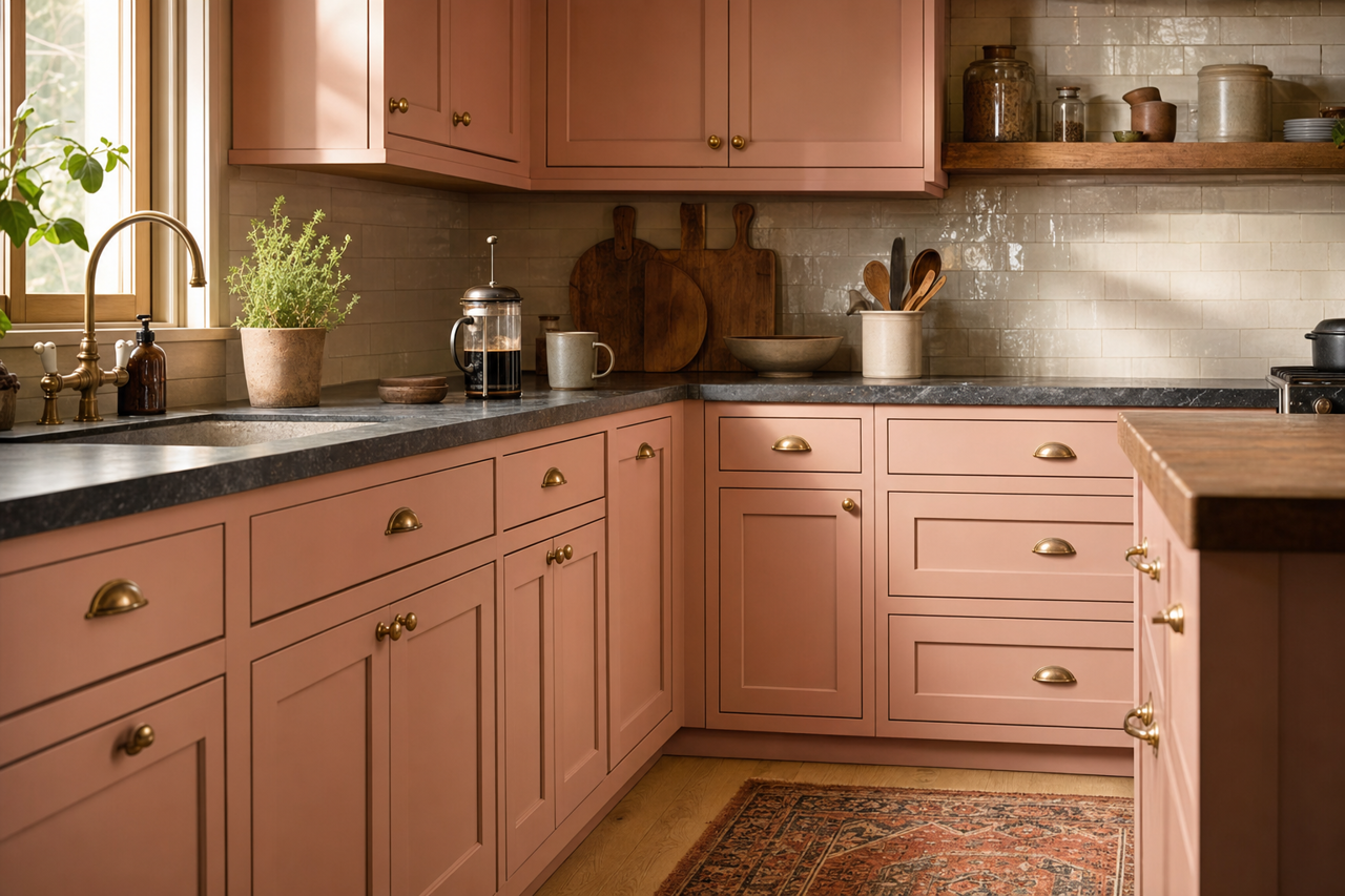 Damask Dunes by Valspar on cabinets