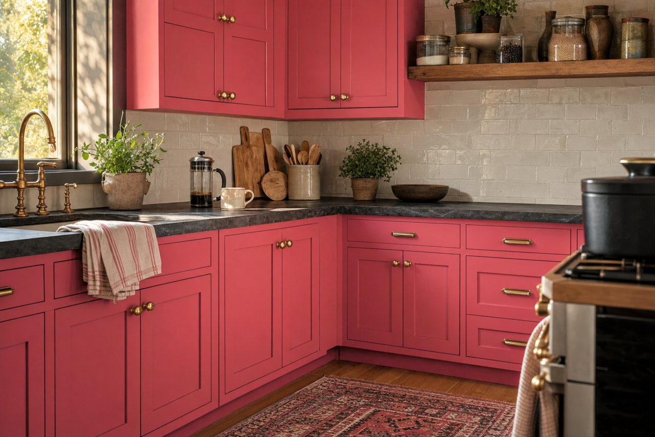 Whipped Strawberry by Valspar on cabinets