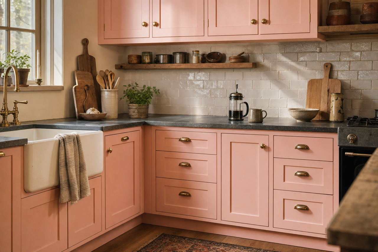 Warm Pink by Valspar on cabinets
