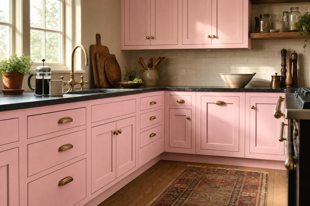 Savvy Pink by Valspar on cabinets