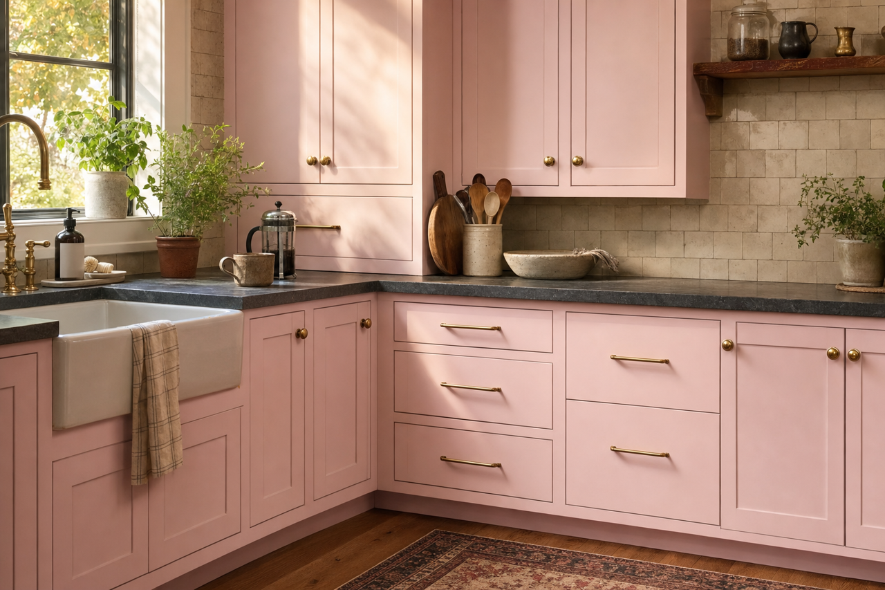 Pink Taffy by Valspar on cabinets