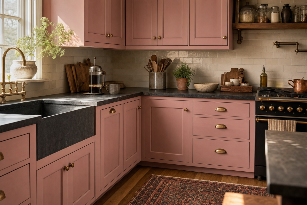 Cameo Pink by Valspar on cabinets