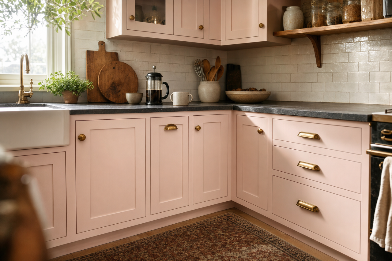 Barely Pink by Valspar on cabinets