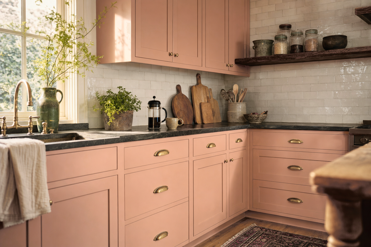 Adobe Glow by Valspar on cabinets