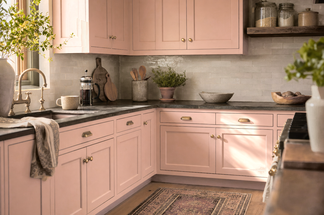 Sunset Curtains by Valspar on cabinets