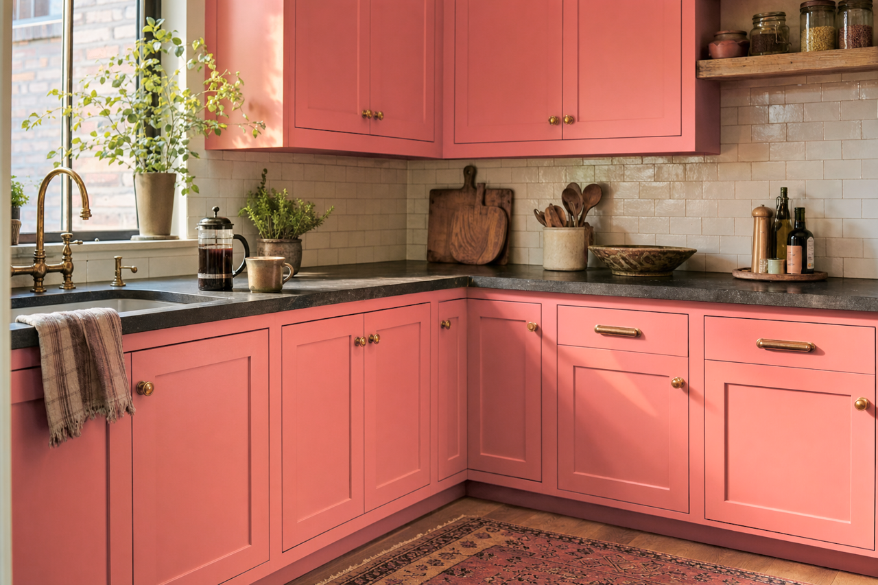 Powder Peach by Valspar on cabinets