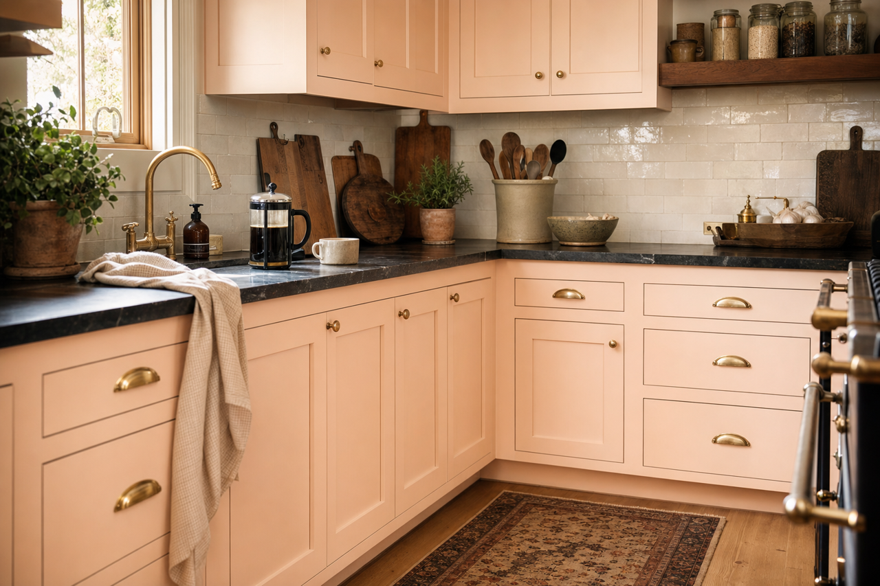 Pink Kiss by Valspar on cabinets