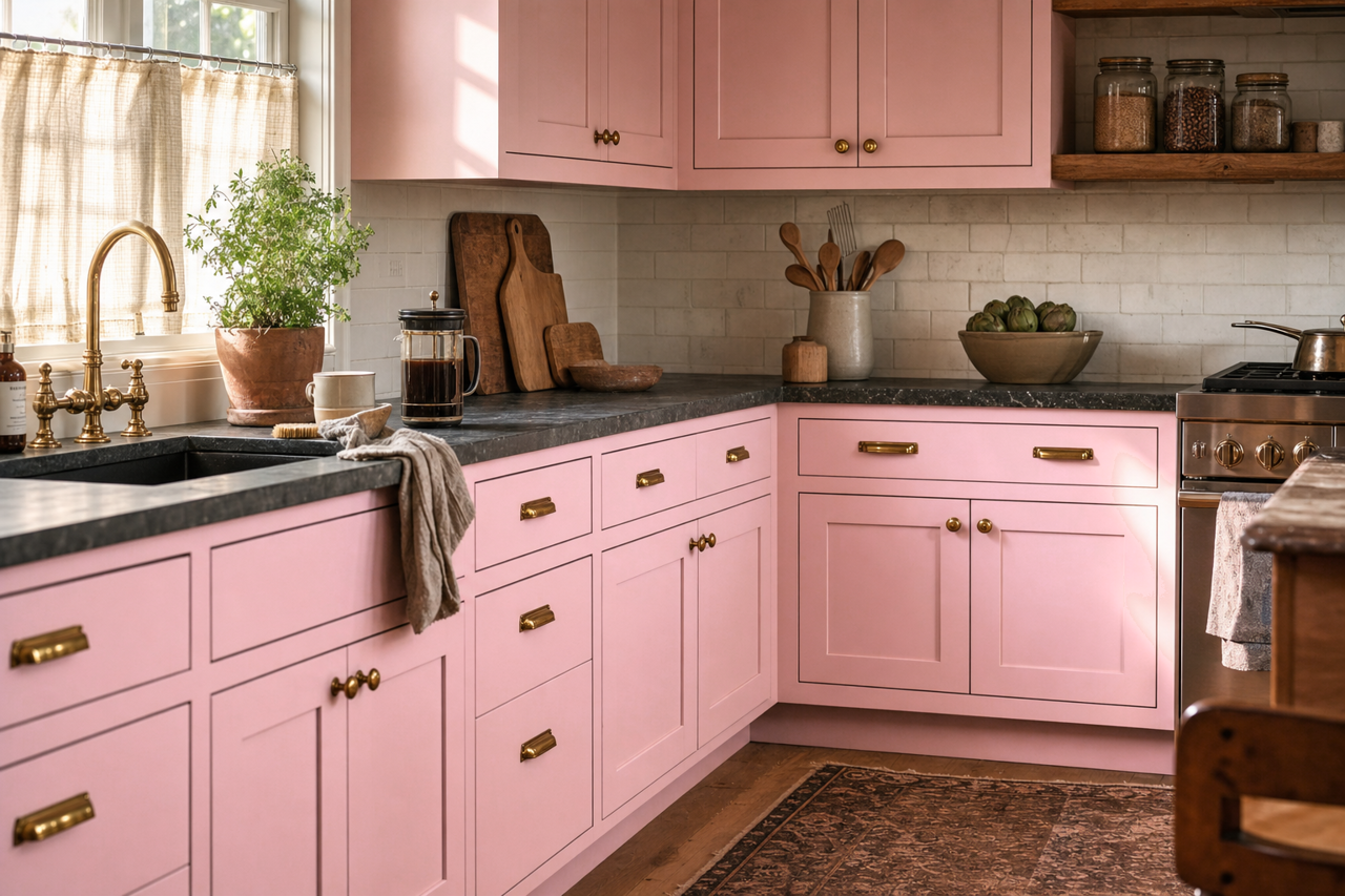Prom Pink by Valspar on cabinets