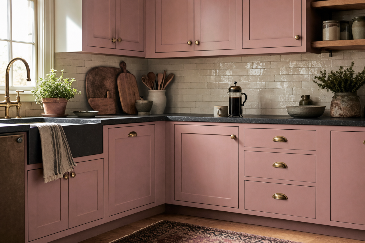 Plum Ribbon by Valspar on cabinets