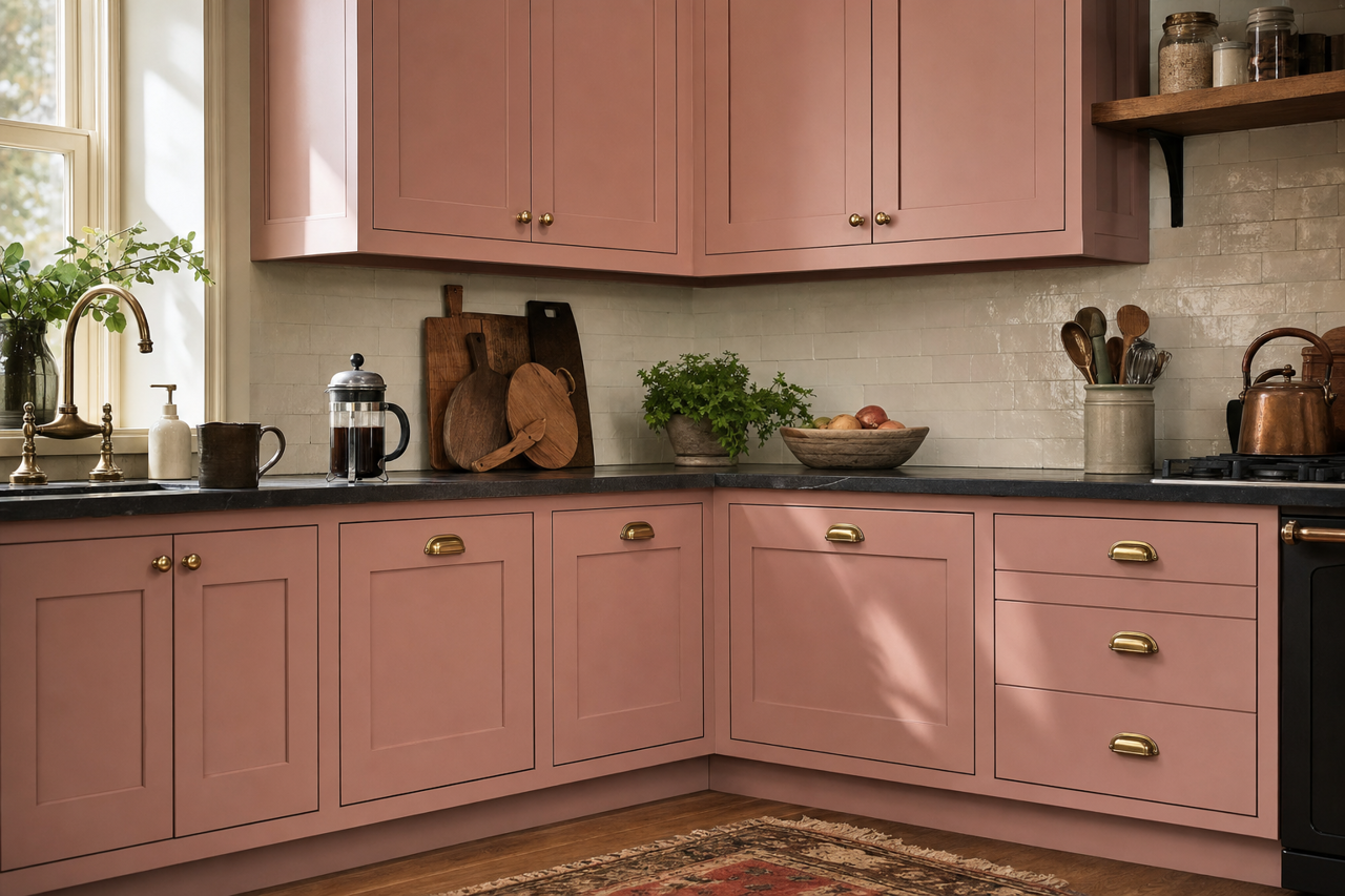 Rosy Hue by Valspar on cabinets
