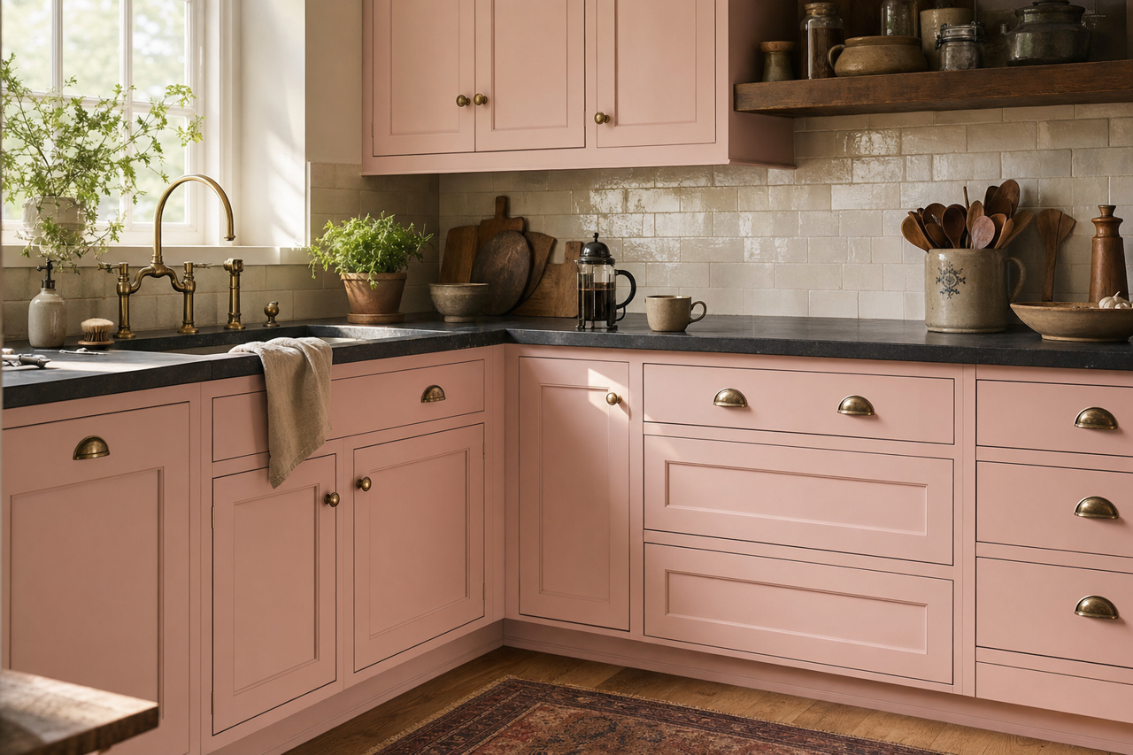 Radiant Pink by Valspar on cabinets