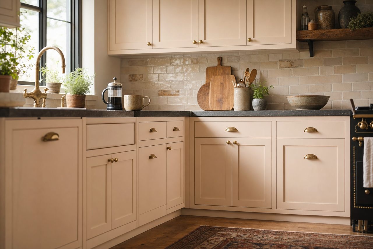 Desert Bone by Valspar on cabinets
