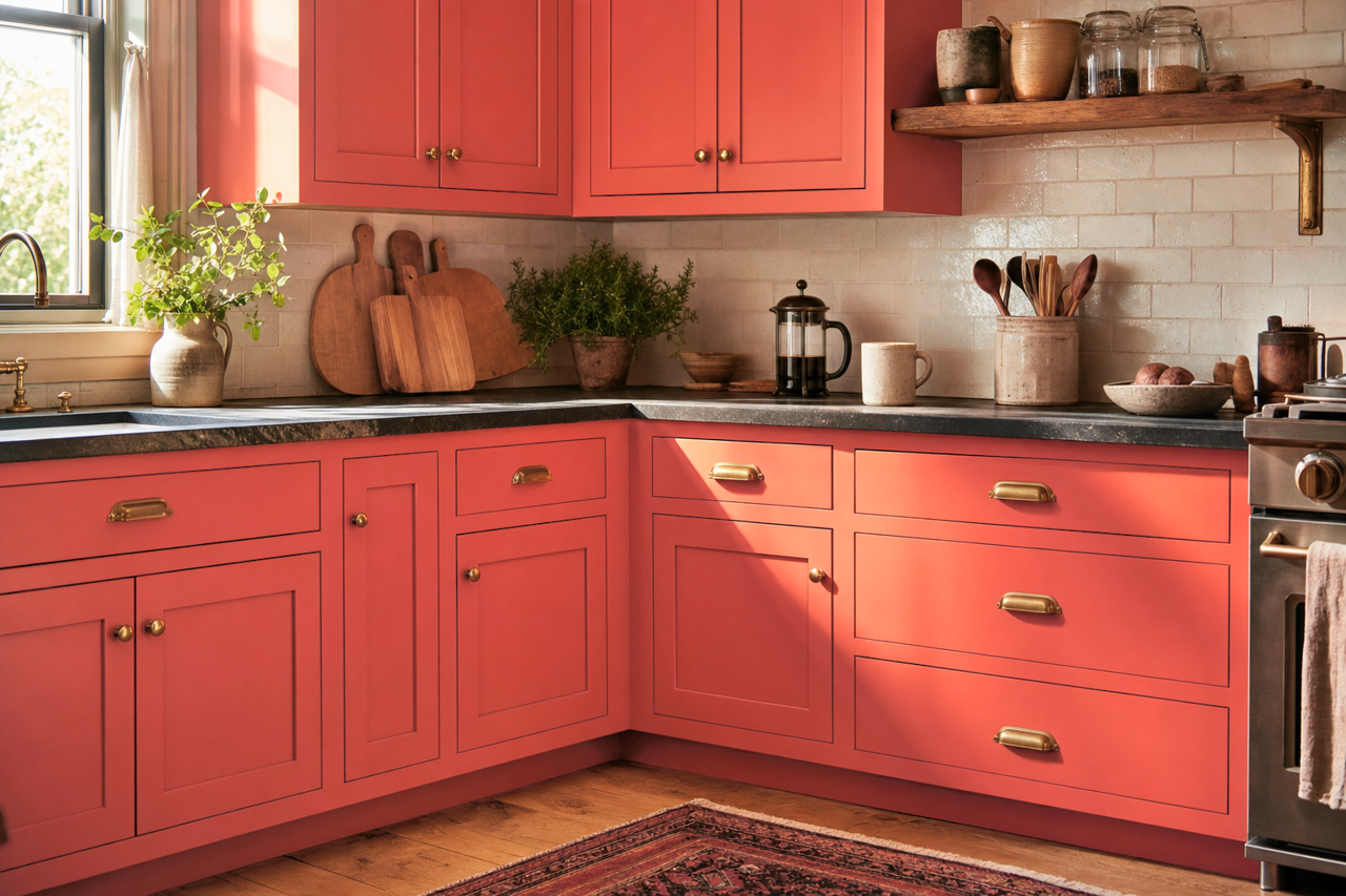 Blaze Orange by Valspar on cabinets