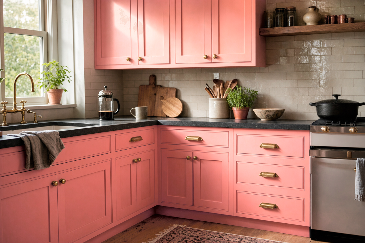 Peach Burst by Valspar on cabinets