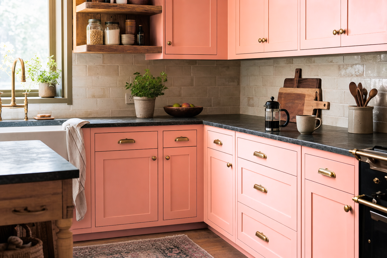 Peach Punch by Valspar on cabinets