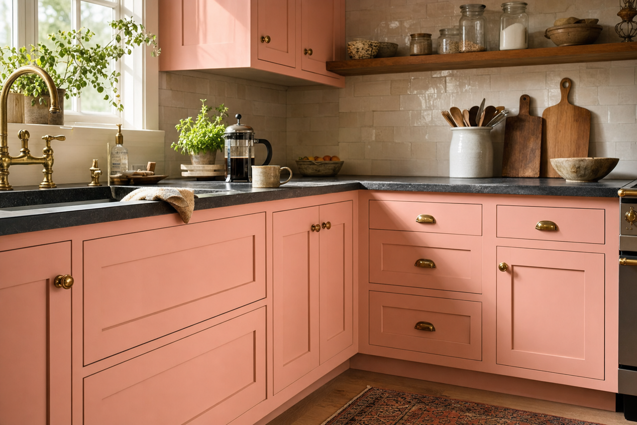 Peach Whisper by Valspar on cabinets