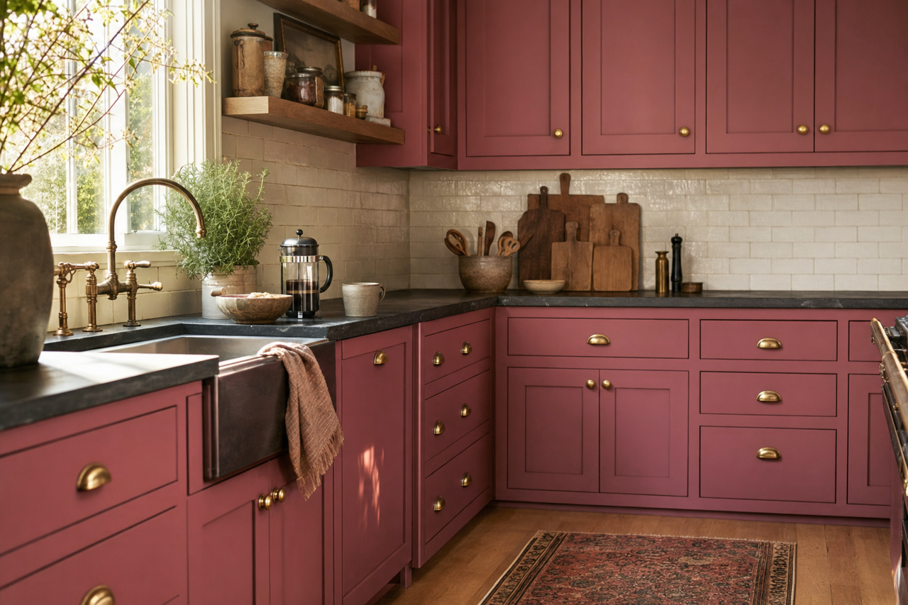 Upholstery Red by Valspar on cabinets