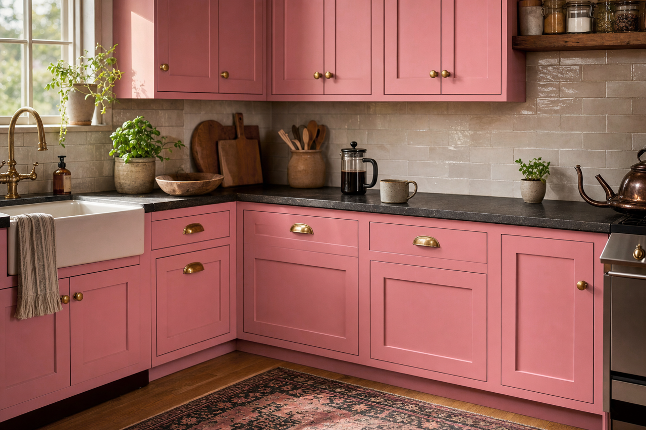 Doric Pink by Valspar on cabinets