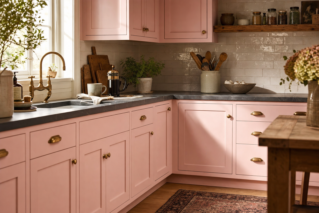 Oh So Pink by Valspar on cabinets