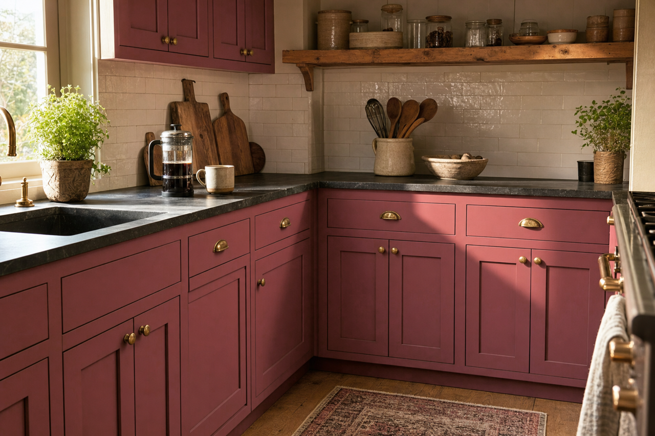 Muted Red by Valspar on cabinets