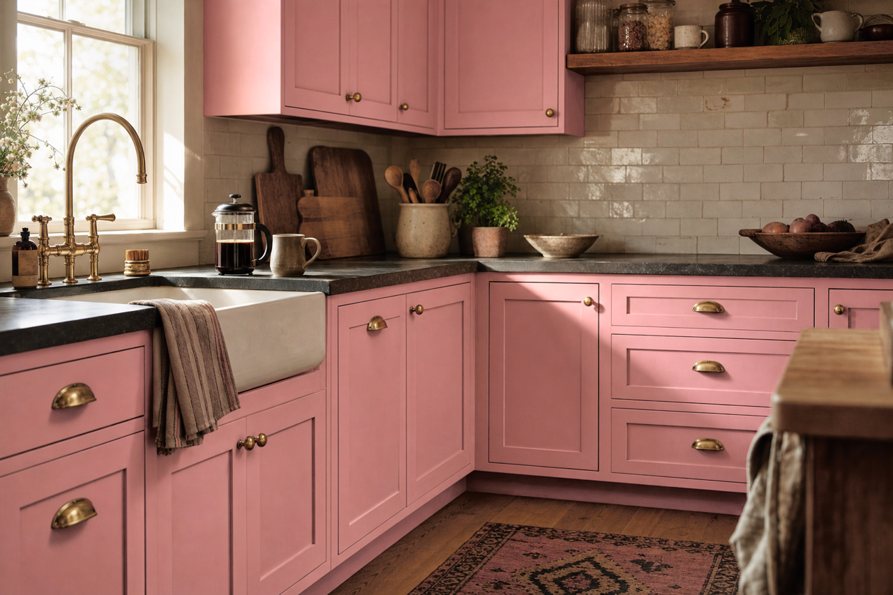 Rosetti Pink by Valspar on cabinets