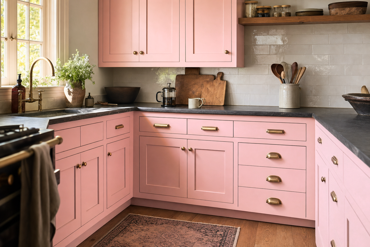 Champagne Blush by Valspar on cabinets