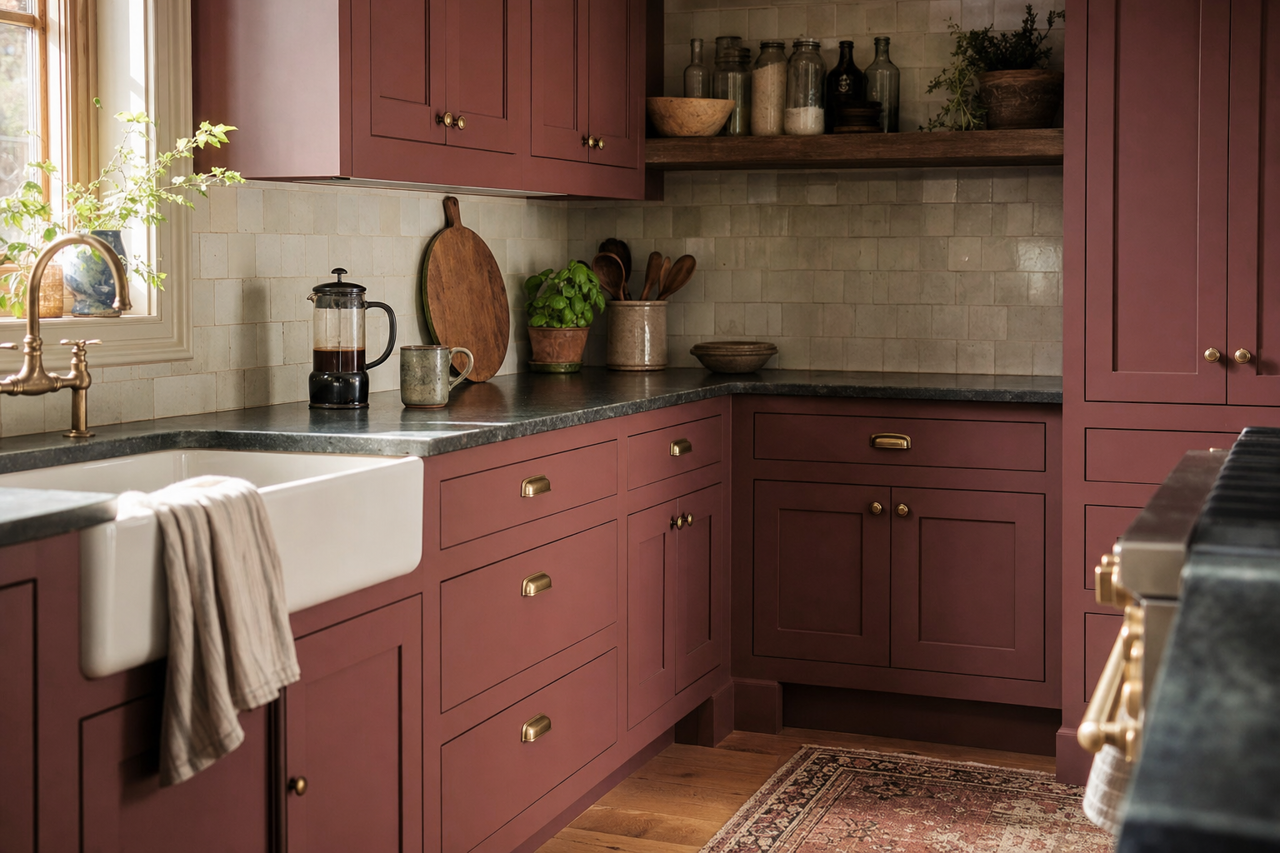 Red Henna by Valspar on cabinets