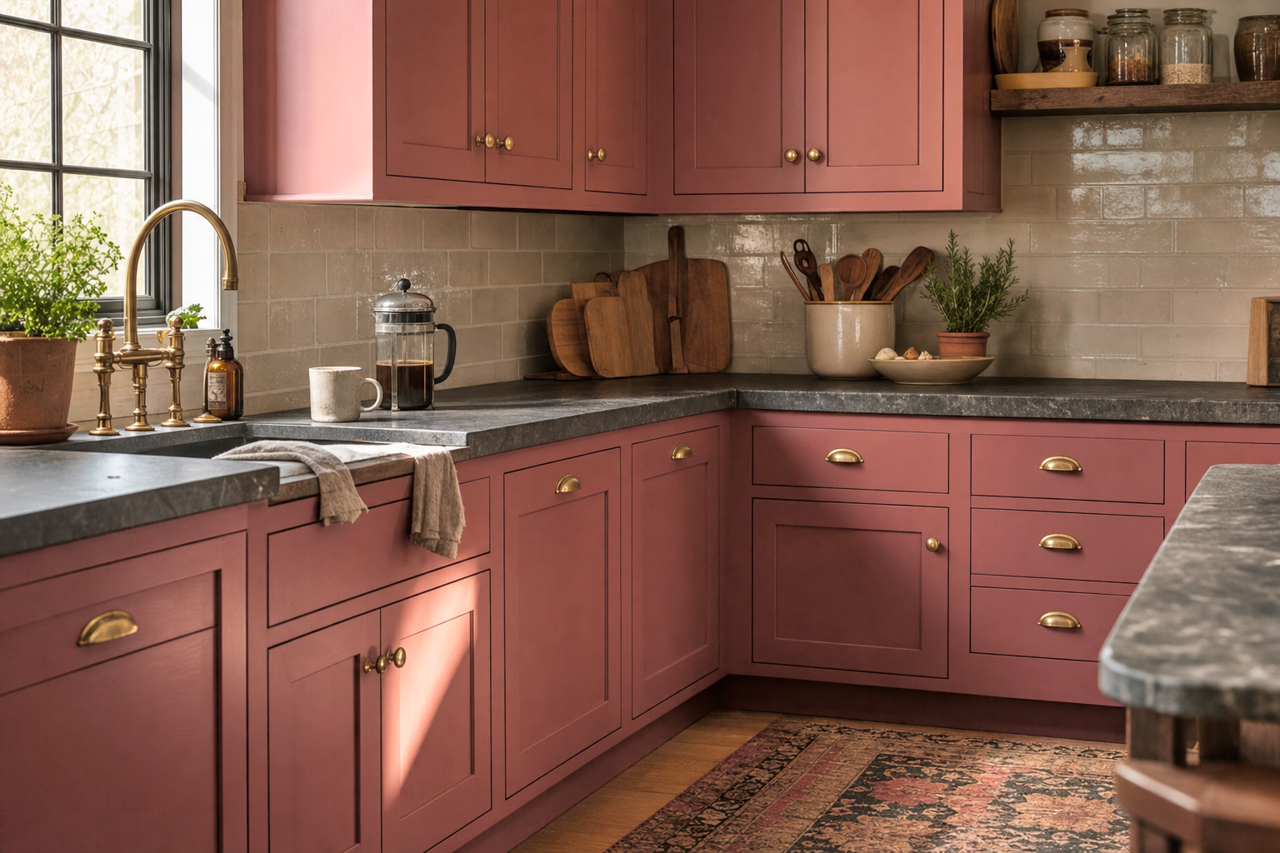 Savannah Red by Valspar on cabinets