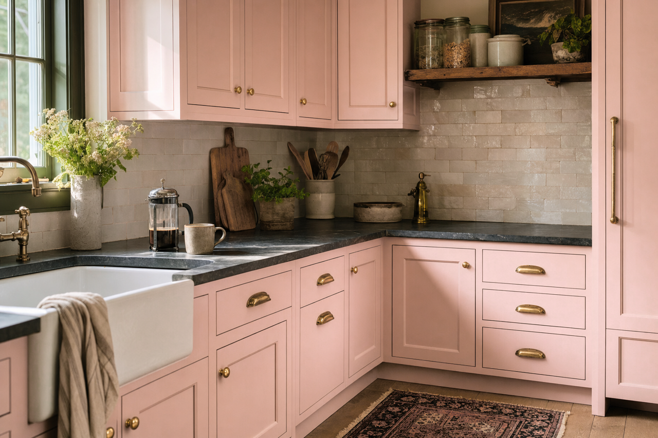 Soft Pink by Valspar on cabinets