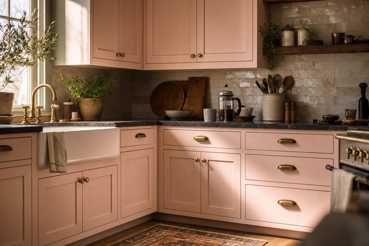 Rosy Glow by Valspar on cabinets