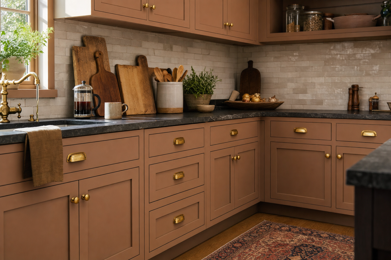 Devonwood Taupe by Benjamin Moore on cabinets