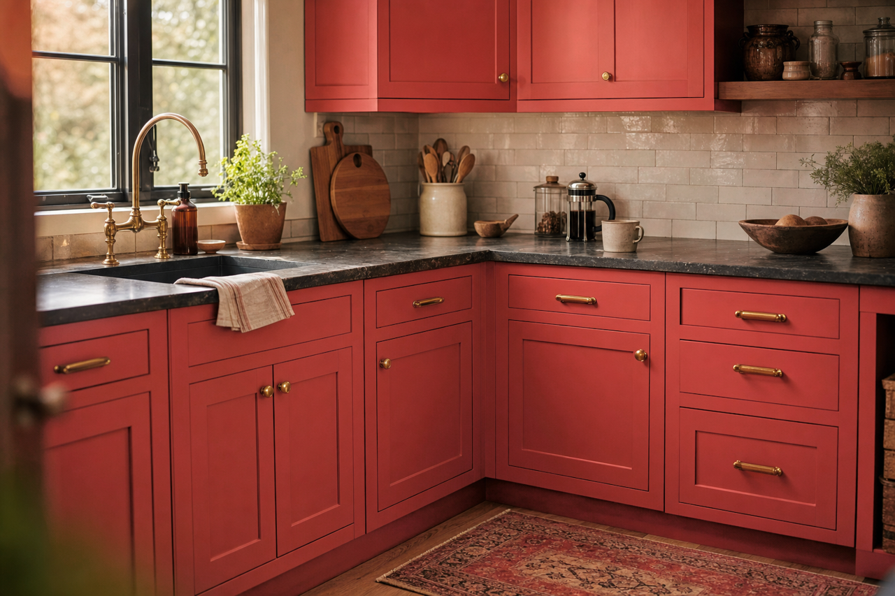Oh So Red by Valspar on cabinets