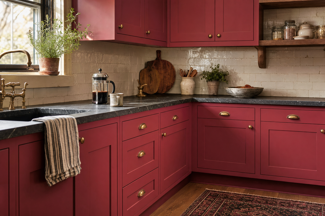 Radiant Red by Valspar on cabinets