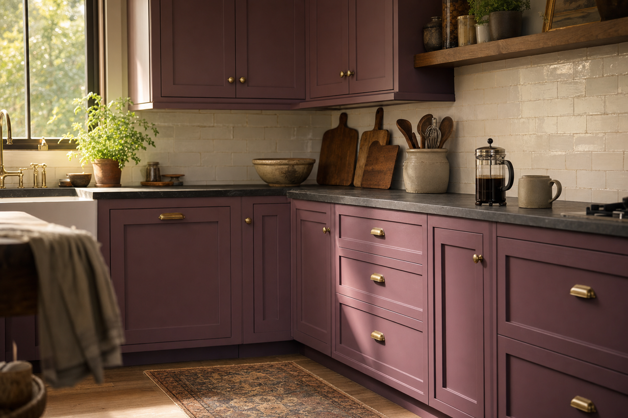 Raspberry Wine by Valspar on cabinets