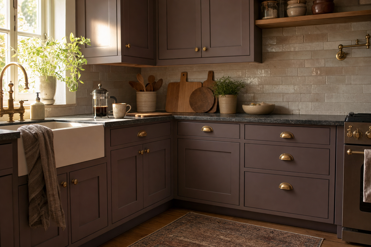 Chocolate Raspberry by Valspar on cabinets