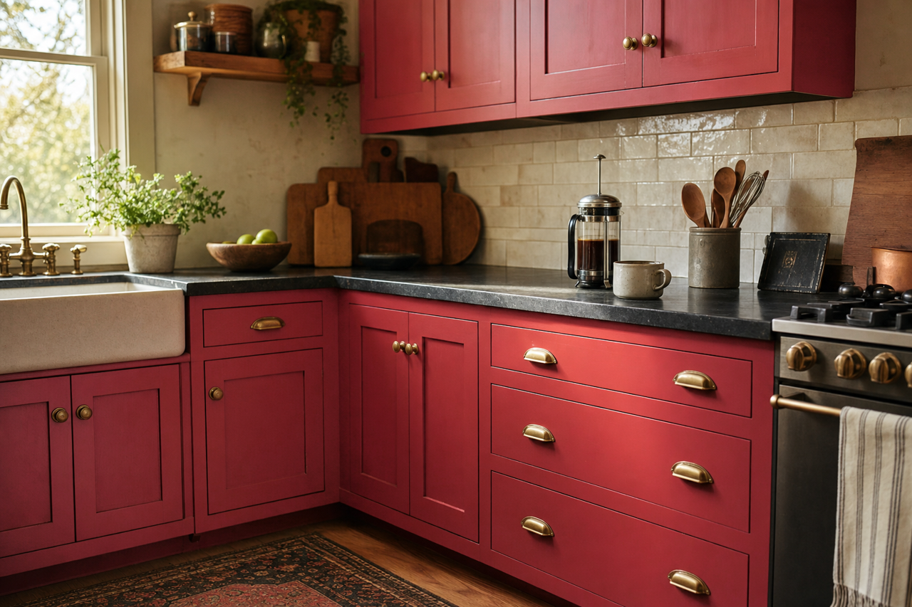 Bright Red by Valspar on cabinets