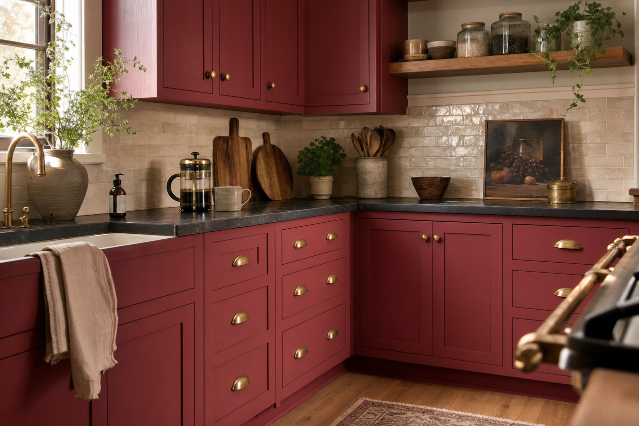 Heirloom Red by Valspar on cabinets