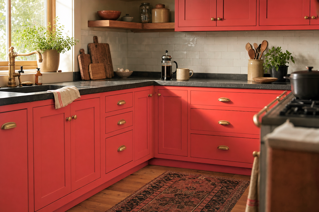Scarlet Sun by Valspar on cabinets