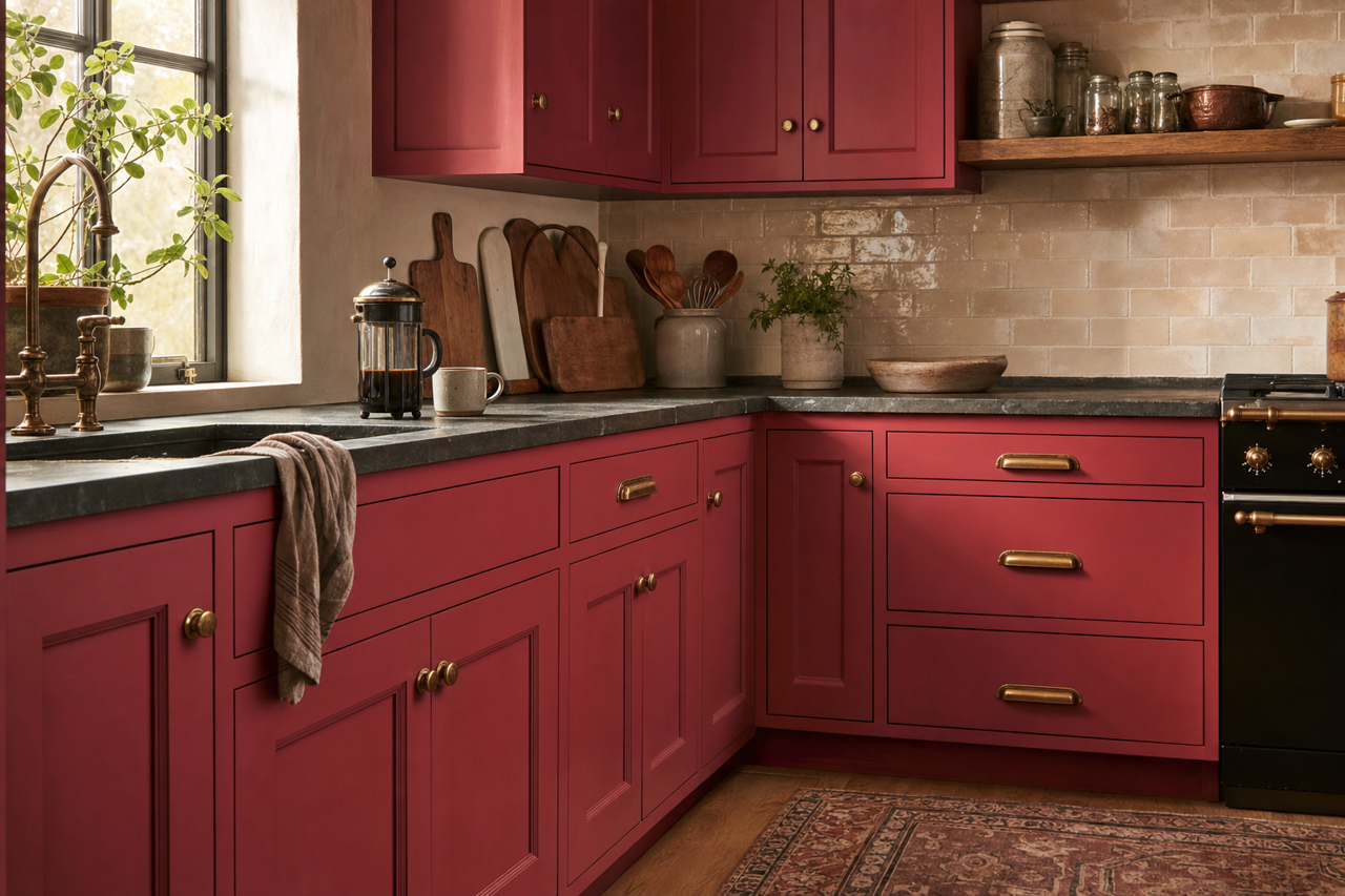 Quite Red by Valspar on cabinets