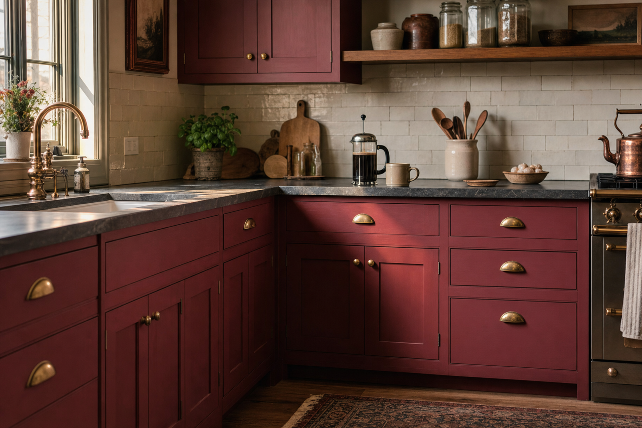 Posh Red by Valspar on cabinets
