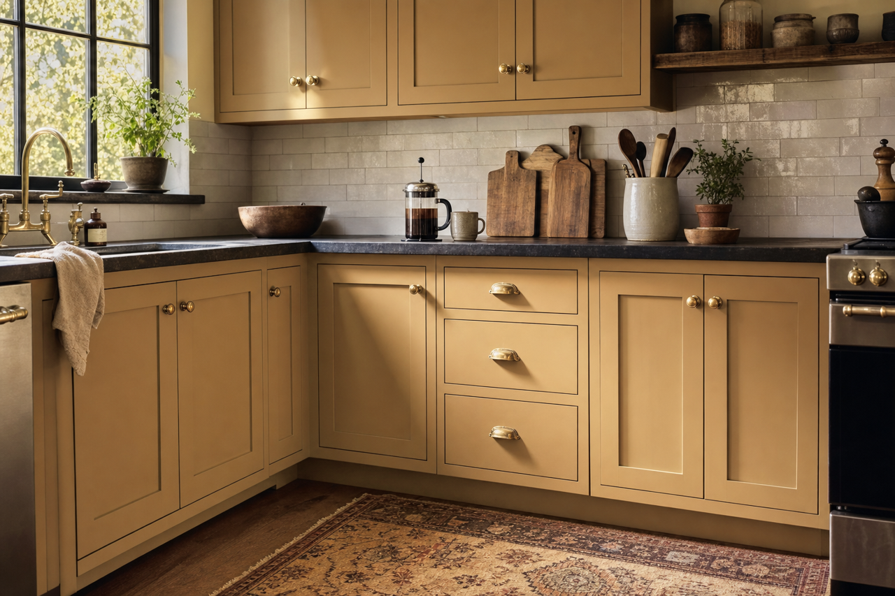 Deep Ochre by Benjamin Moore on cabinets