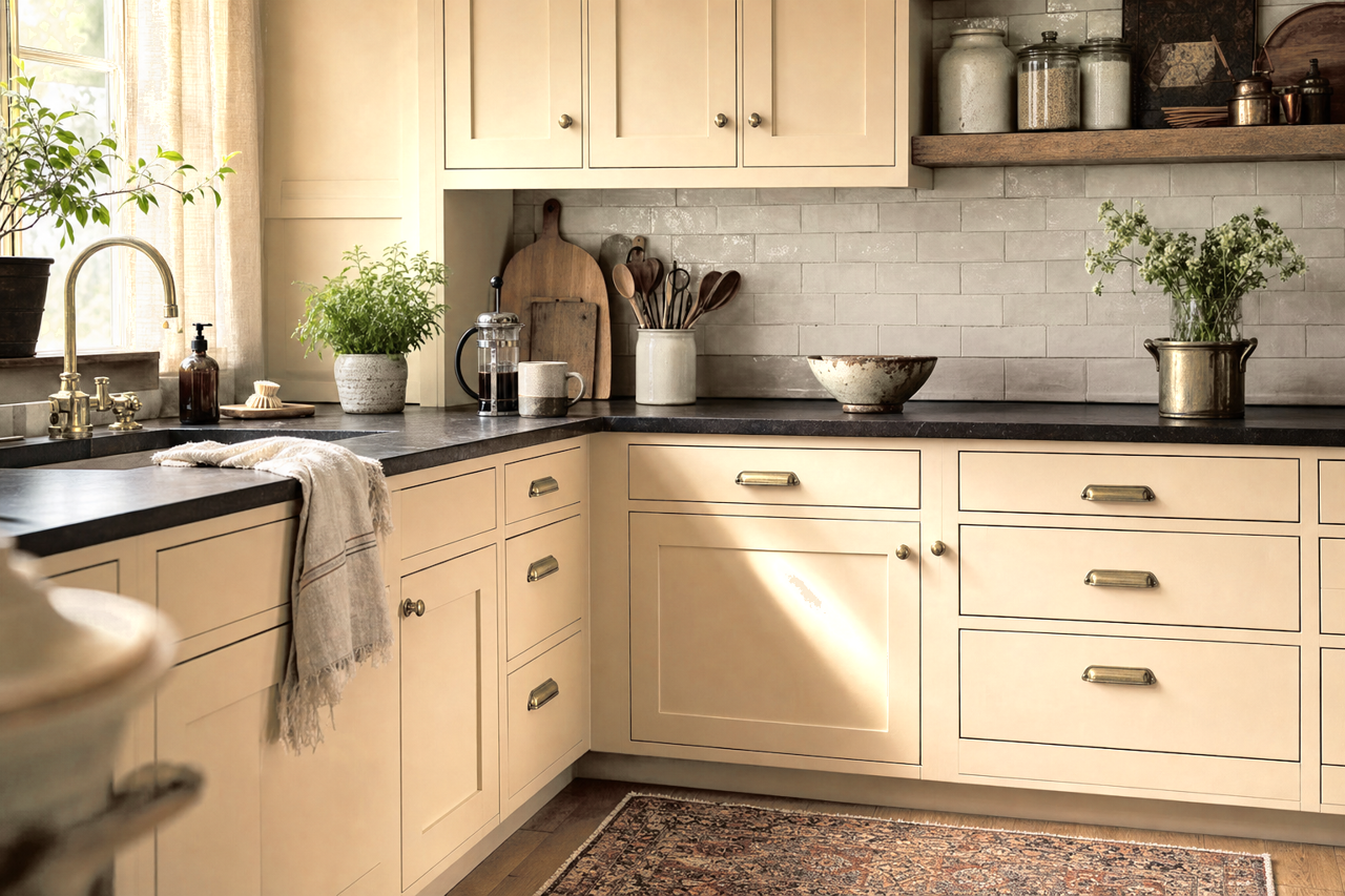 Moccasin by Benjamin Moore on cabinets
