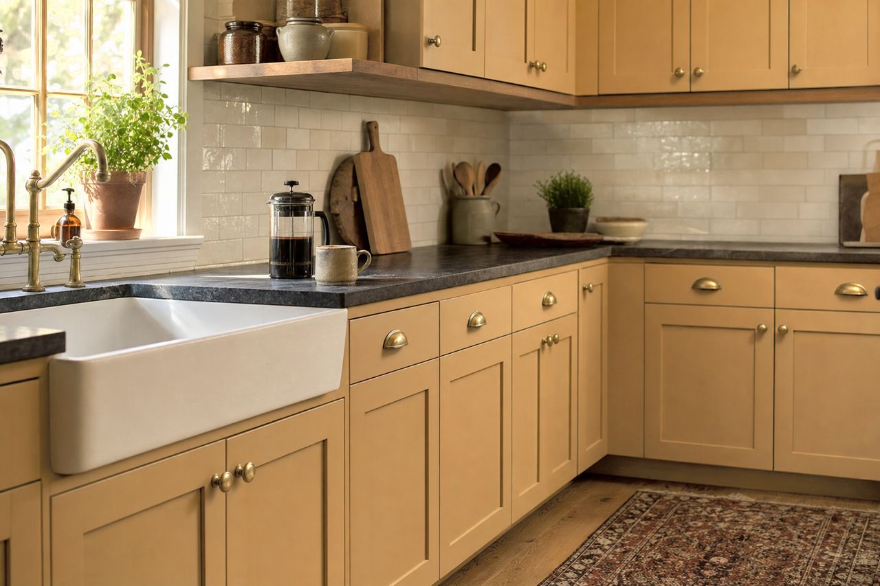 Baked Cumin by Benjamin Moore on cabinets