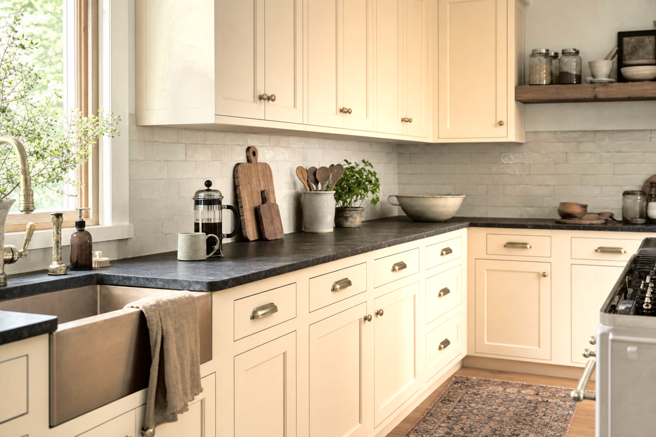 Sand Dunes by Benjamin Moore on cabinets