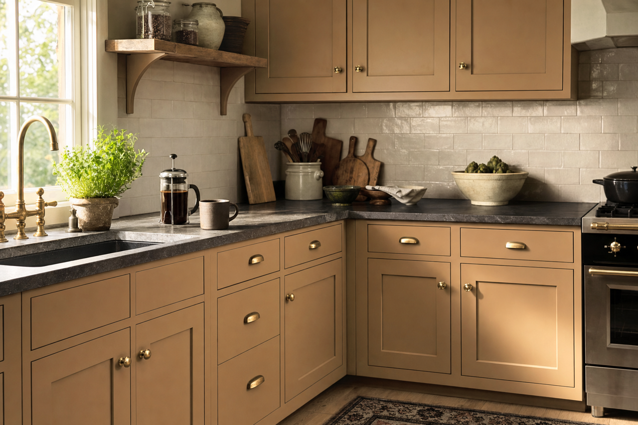 Hillcrest Tan by Benjamin Moore on cabinets