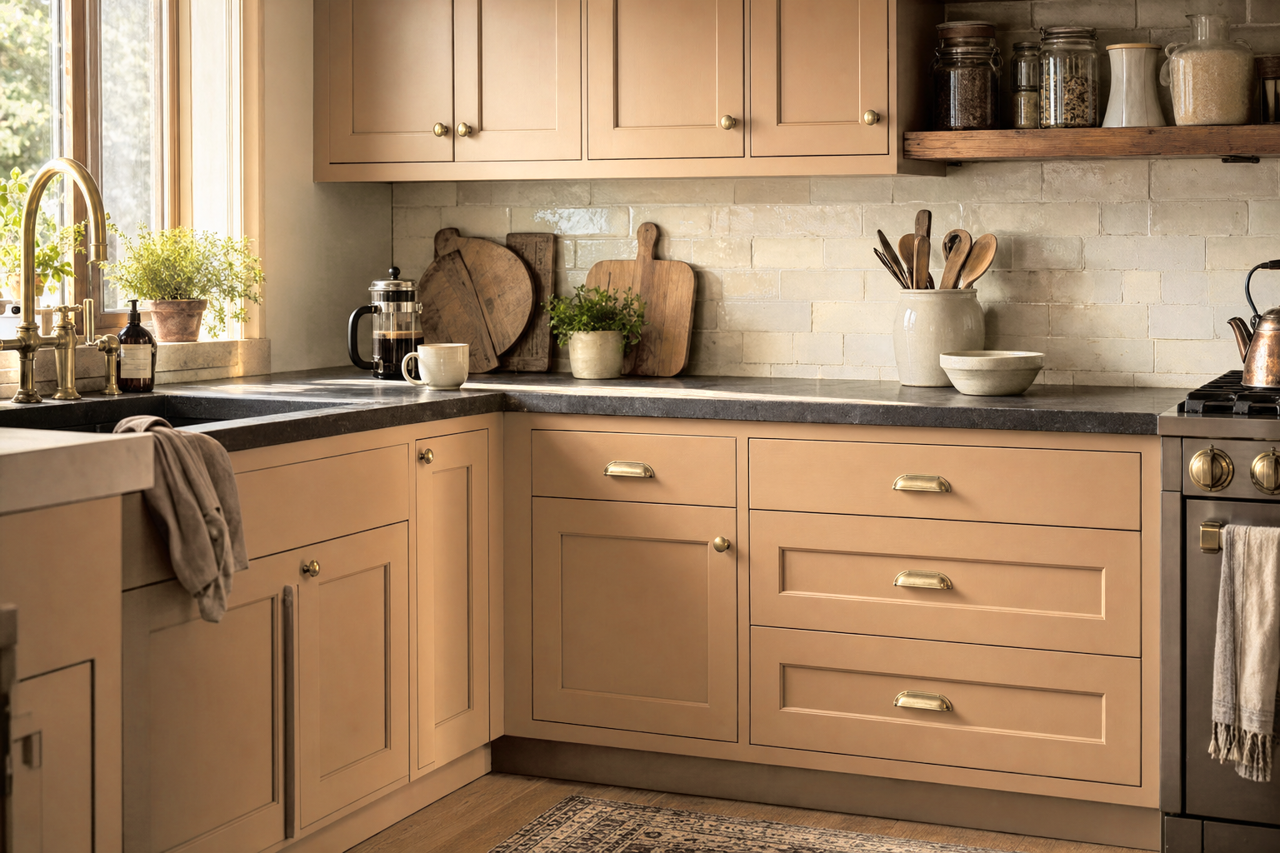 Saddle Tan by Benjamin Moore on cabinets