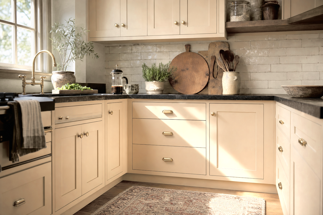 Adobe Beige by Benjamin Moore on cabinets