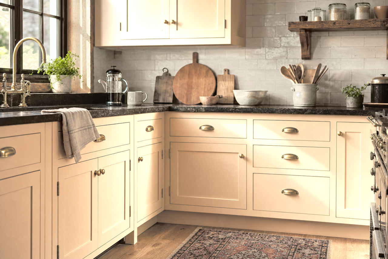 Painted Sand by Benjamin Moore on cabinets