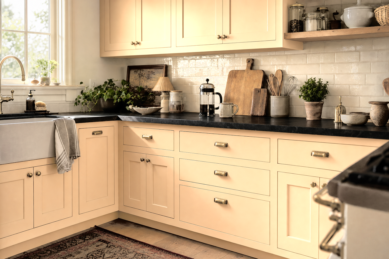 Peach Complexion by Benjamin Moore on cabinets